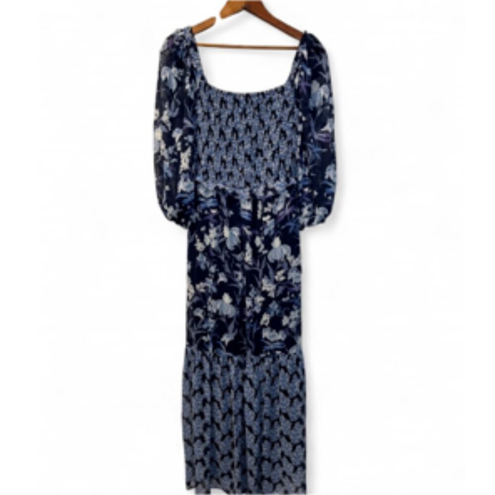 Taylor Floral Tiered Maxi Dress Smocked Tie Back Flowy Blue & White NWT 6P - Picture 3 of 9